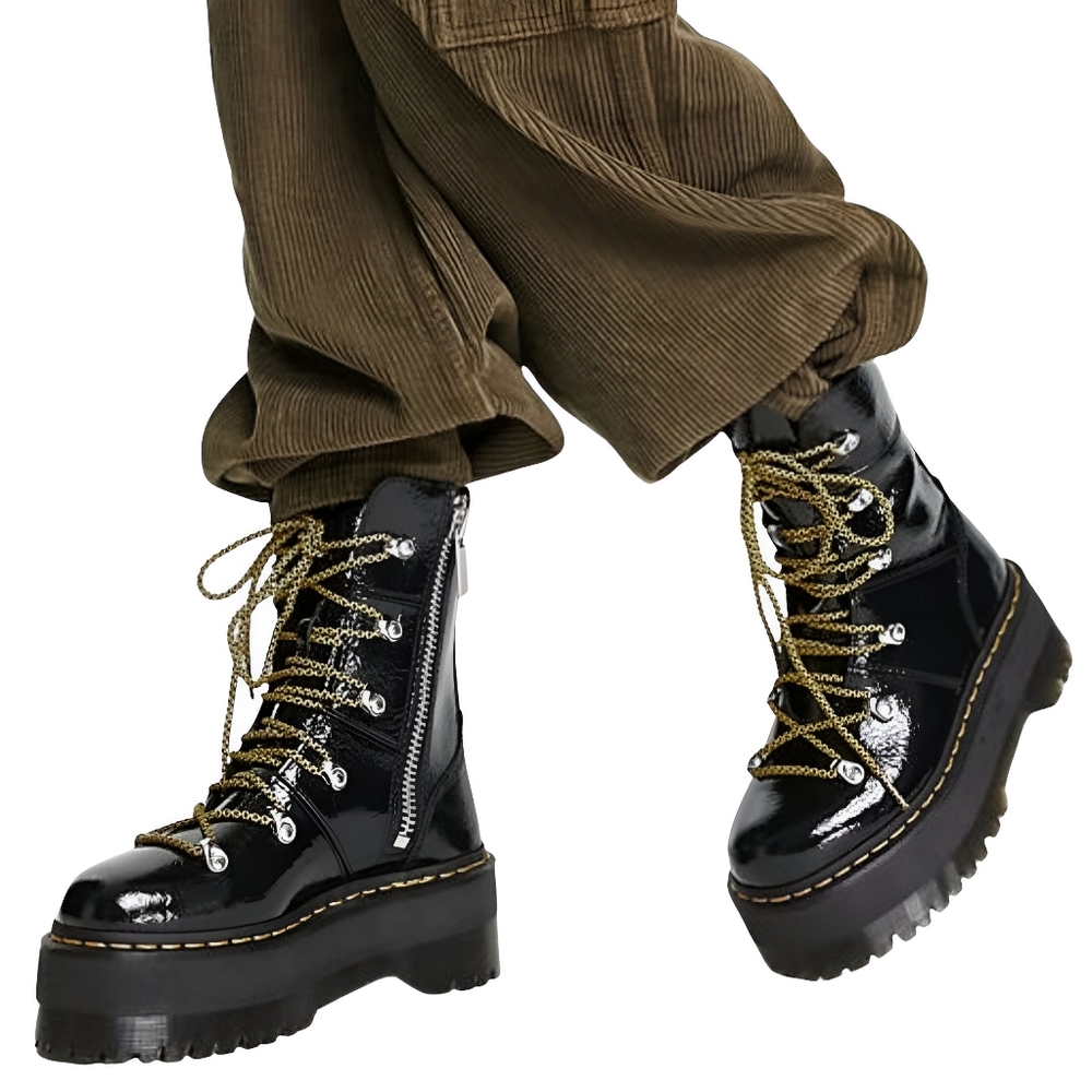 Dr. Doc Martens Ghilana Max Distressed Patent Leather Platform Boots Black Sz 9